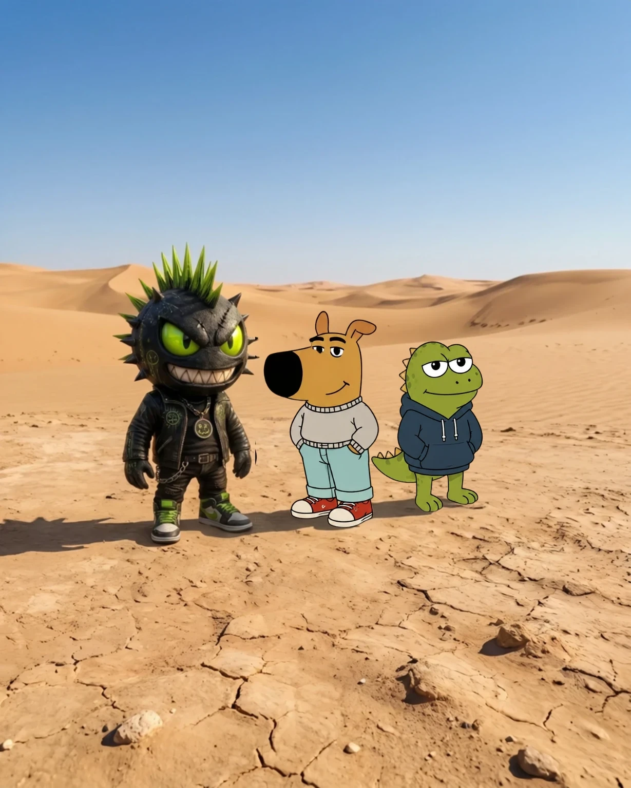 Xzilla standing in the desert with two cartoon friends